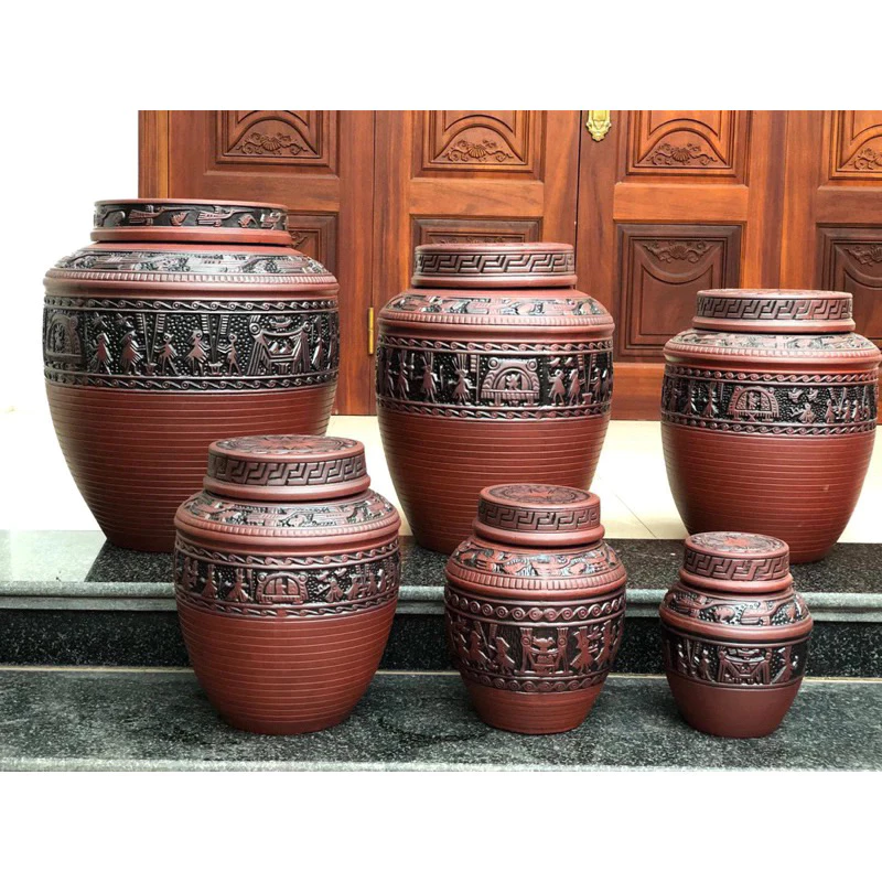 Chum sành ngâm rượu hoạ tiết trống đồng KHÔNG TRÁNG MEN 2 NẮP dung tích 10L,20L,30L,40L,50L